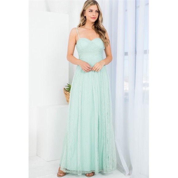Stunning Lace A Line Spaghetti Straps Floor Length Mint Gown - Picture 1 of 16
